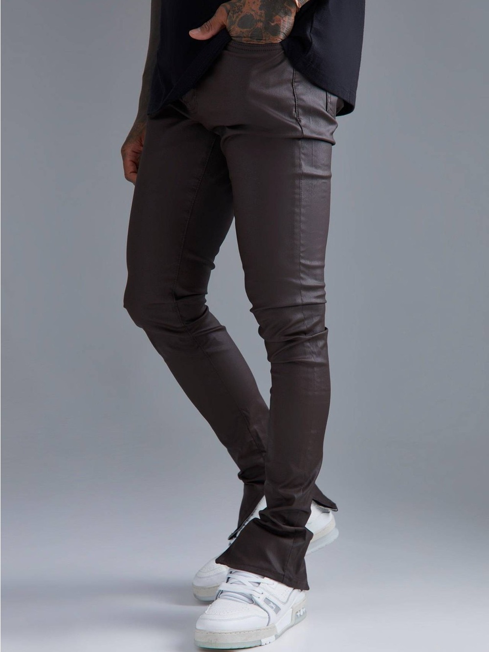 NEW Sz 36 Brown Boohooman Skinny Stacked Zip Hem Coated Men’s Jeans